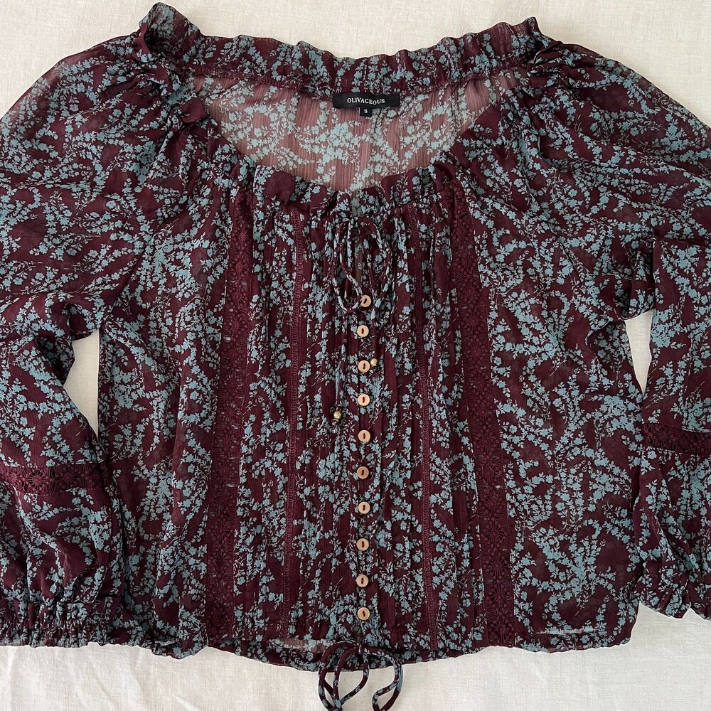 Olivaceous Burgundy Blue Floral Y2K Boho Hippie Semi-Sheer Chiffon Blouse Sz S - Picture 12 of 12